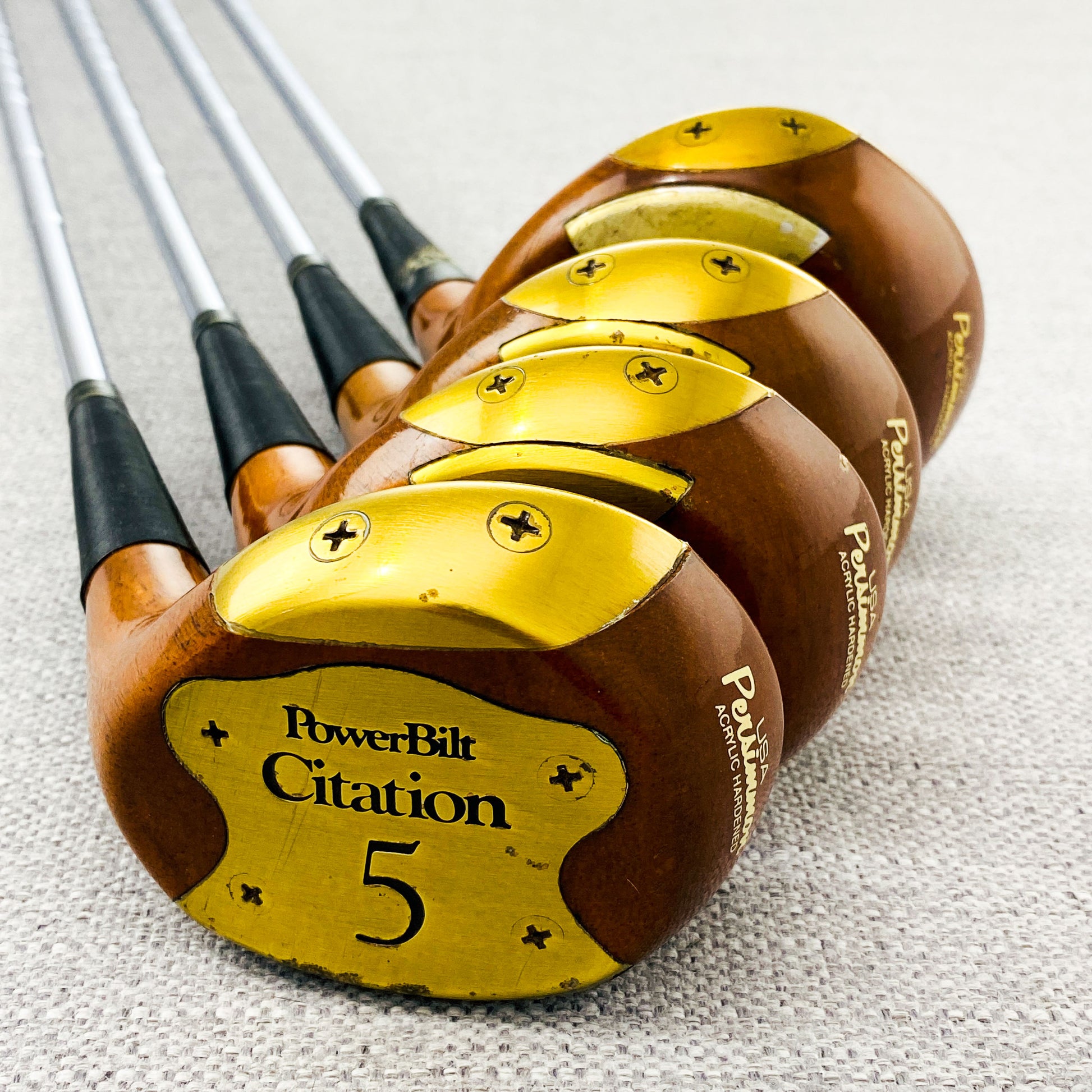 Ensemble de golf vintage PowerBilt Citation H&B kaki véritable bois et Ensemble de golf vintage PowerBilt Citation H&B kaki véritable bois et