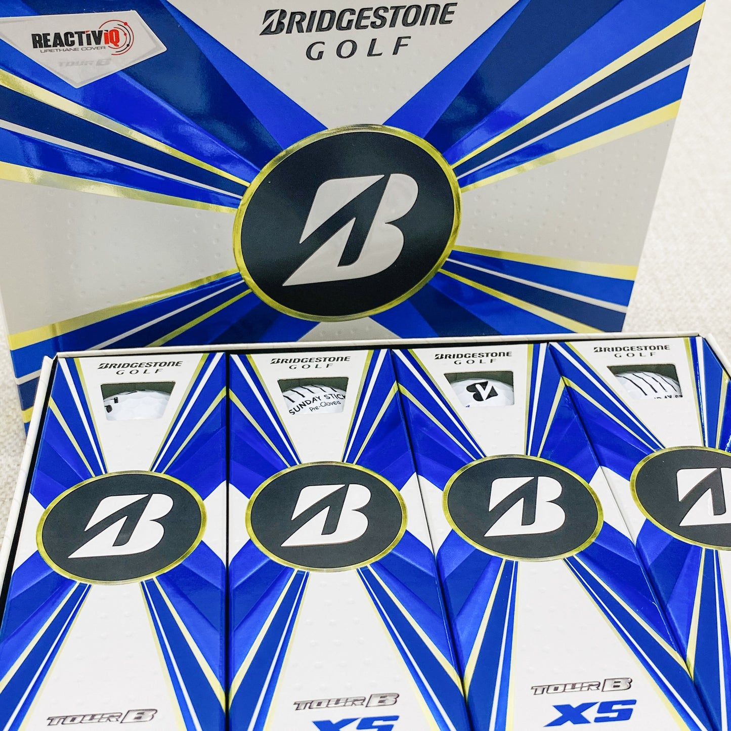 2022 Bridgestone Tour B-XS (white) - 2 x dozen, brand new. Sunday Sticks logo.