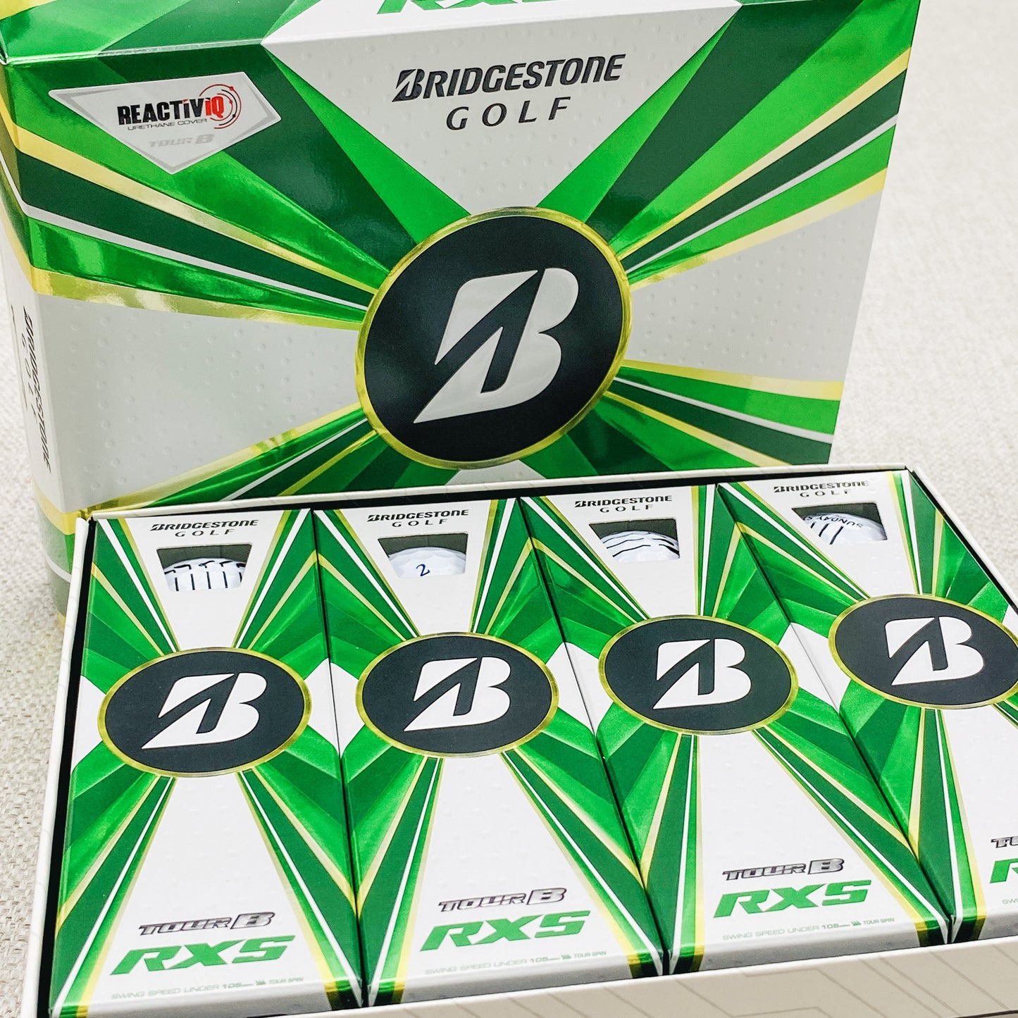 2022 Bridgestone Tour B-RXS (white) - 2 x dozen, brand new. Sunday Sticks logo.